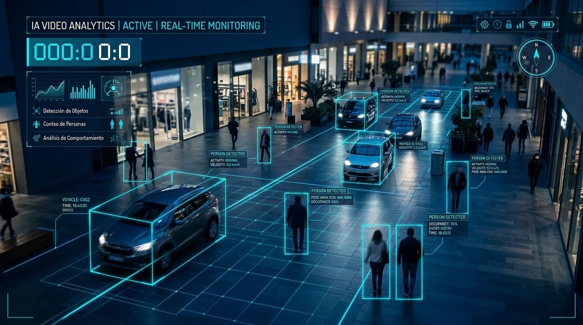 Analítica de video con inteligencia artificial detectando personas y vehículos en tiempo real