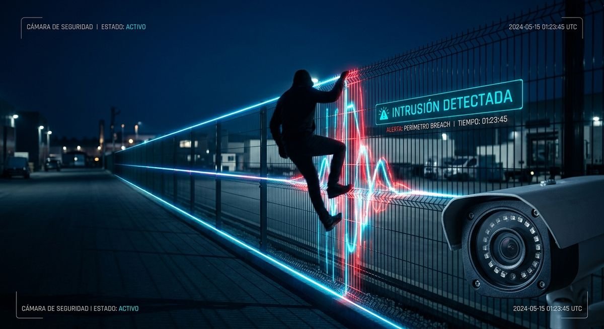 Cámara de seguridad con IA detectando una intrusión perimetral nocturna y generando una alerta