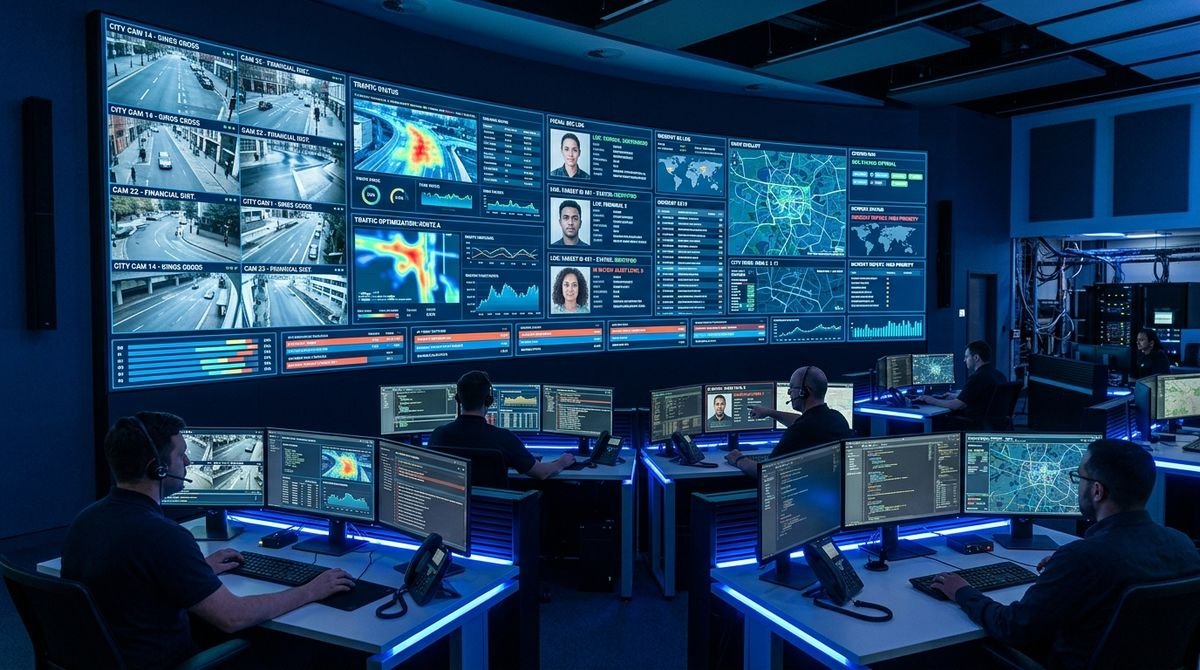 Centro de Operaciones de Seguridad (SOC) monitoreando cámaras de una ciudad con IA