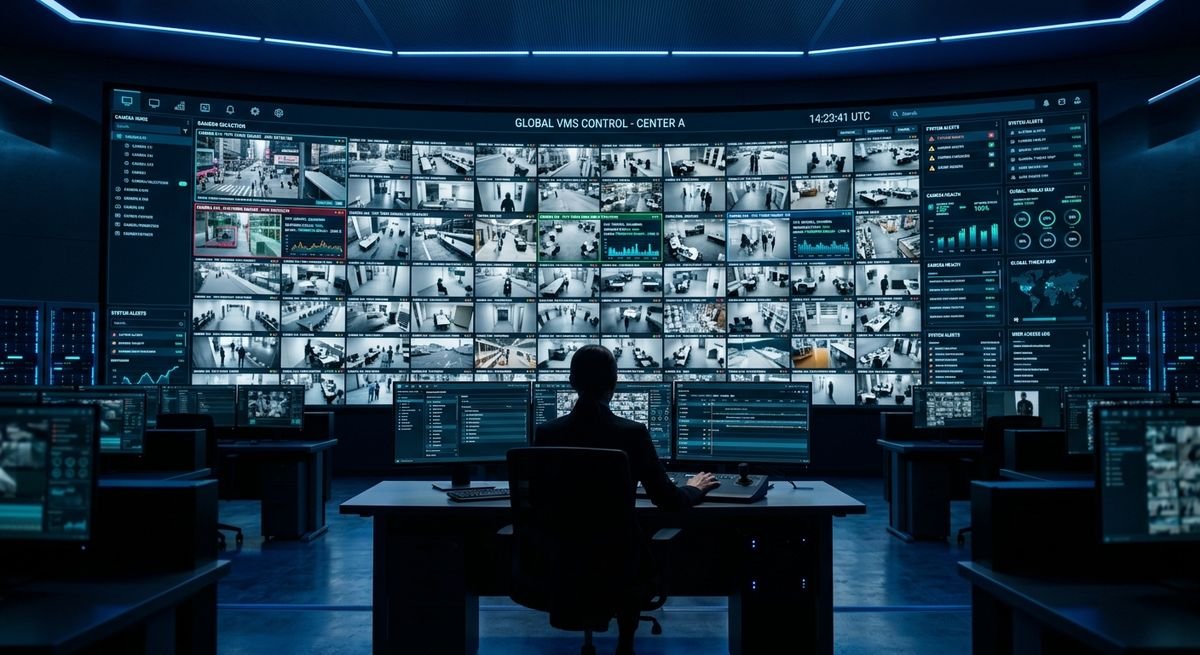 Centro de control con software de gestión de video VMS para mantenimiento de sistemas CCTV